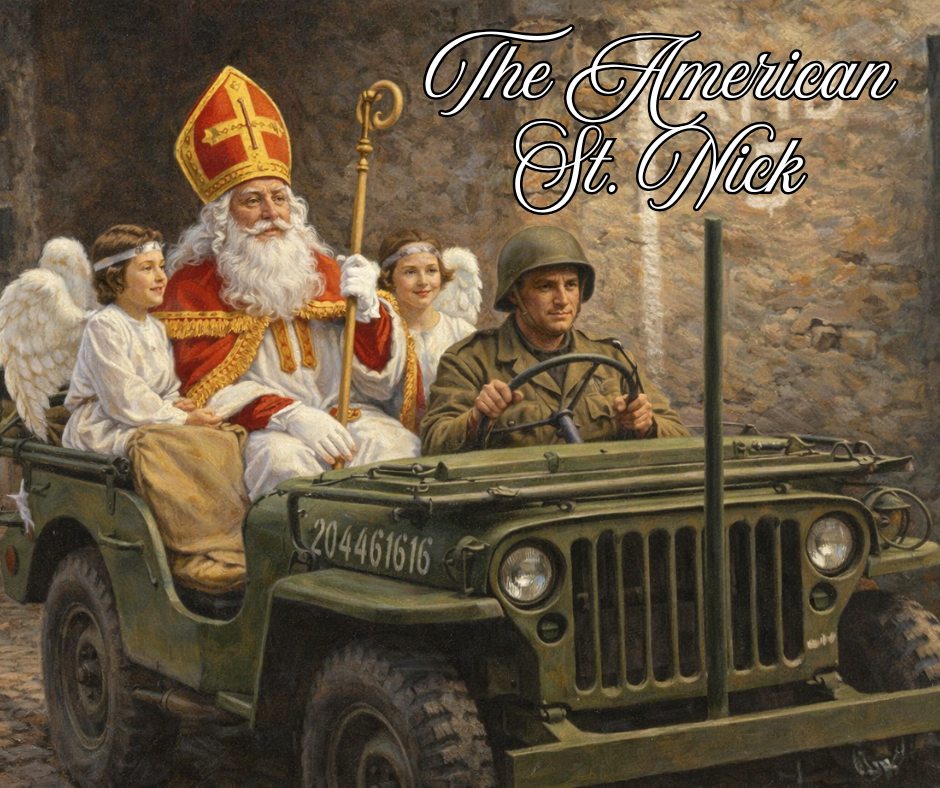 The American St. Nick distributing gifts in a jeep