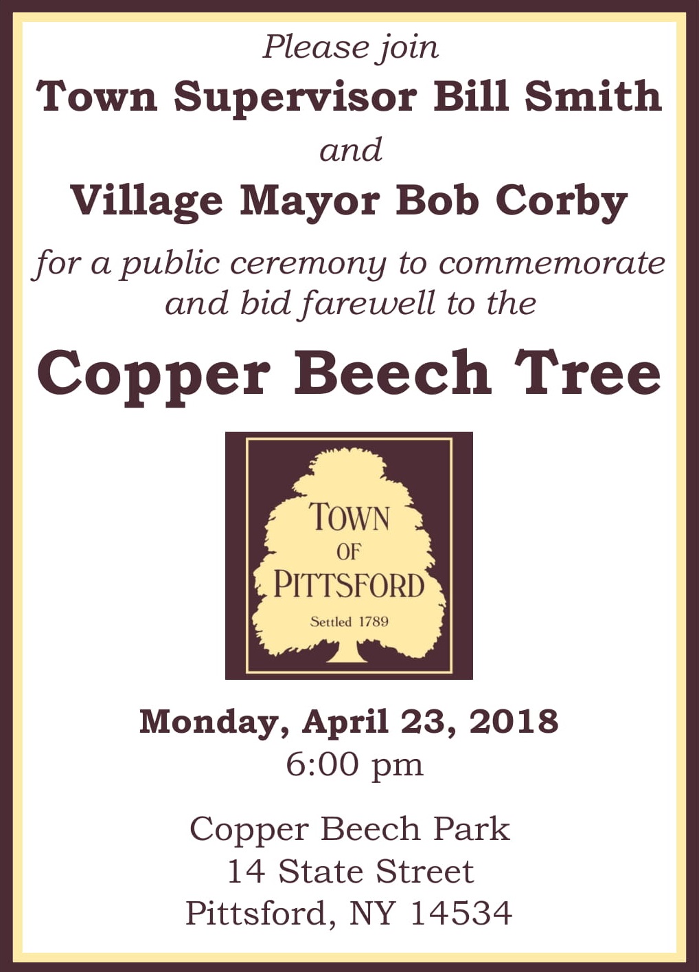 Copper Beach Tree Farewell Ceremony Invite