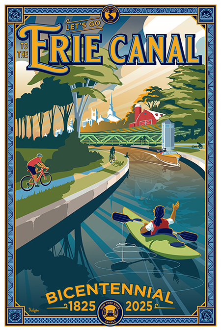Erie Canal bicentennial official poster - canal scene with kayaker, boat